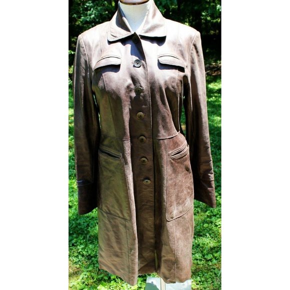 John Carlisle Vtg-look Leather Coat Long Womens Lg Steampunk Cosplay Brown Aged - Picture 1 of 12